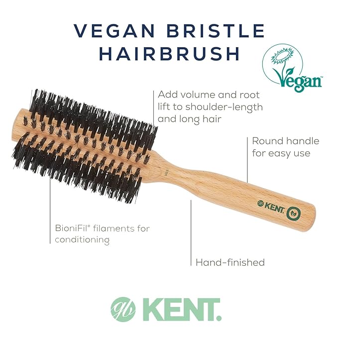 Kent V03 Vegan Boar Bristle Hair Brush, Eco-Friendly 60mm Round Brush with Cruelty-Free Bristles for Blowouts, Volume, Root Lift, Curls, All Hair Types, Wooden Handle, Travel Size, Made in England