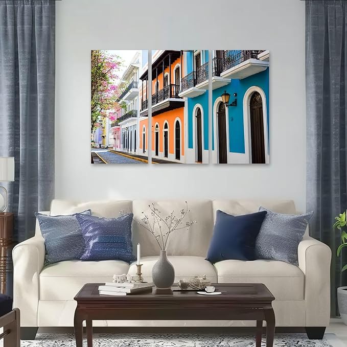 3 Piece Canvas Wall Art Prints Picture colorful house facades old san juan puerto rico colorful island Framed Wall Painting Modern Artwork Poster Home Decor for Living Room Office Ready to Hang