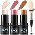 3Pcs Cream Contour Stick Makeup Kit, Shades with Highlighter, Blush and Bronzer Contour Stick for Sculpt the Cheeks, Long Lasting, Waterproof, Matte & Dewy Finish (F)