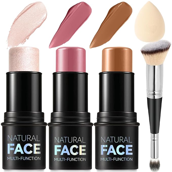 3Pcs Cream Contour Stick Makeup Kit, Shades with Highlighter, Blush and Bronzer Contour Stick for Sculpt the Cheeks, Long Lasting, Waterproof, Matte & Dewy Finish (F)