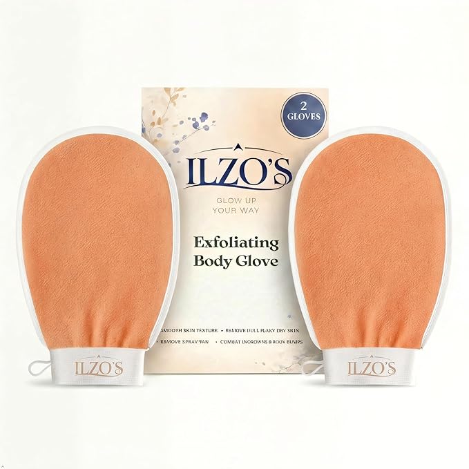 ILZO’S Original Exfoliating Mitt for Body (2 Pack) – Deep Exfoliating Glove for Dead Skin Removal, Korean Viscose Body Scrub Mitt for Smooth Skin, Helps Ingrown Hair & Keratosis Pilaris (ORANGE)