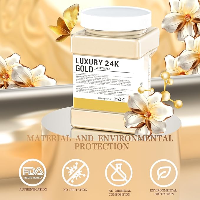 Jelly Mask Powder for Facials,24K Gold Anti-Aging & Firming Jelly Face Mask Hydrating Brighten Professional Peel Off Hydro Face Mask Powder DIY Spa Salon 23 Fl Oz Jar