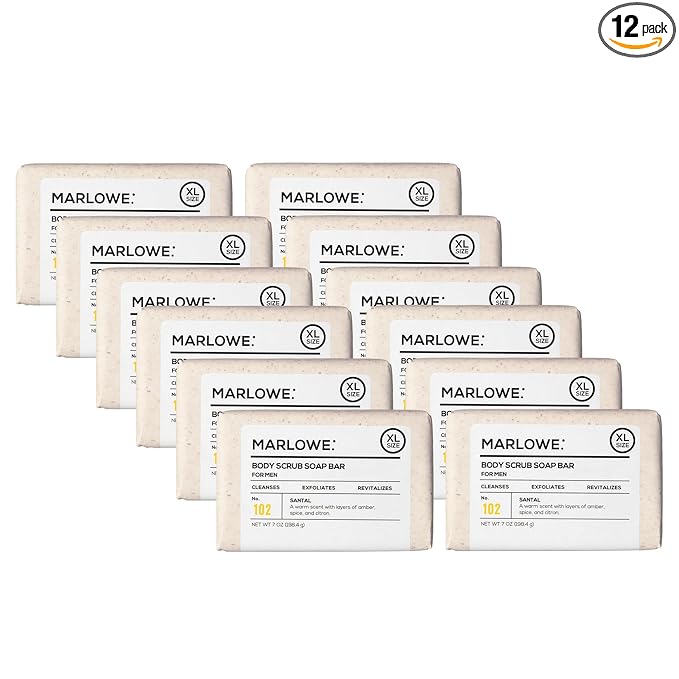 MARLOWE. No. 102 Body Scrub Soap 7 oz (12 Bars), Santal, Exfoliating Soap Bar with Shea Butter, Olive Oil & Green Tea Extracts, Cleanses, Smooths & Revitalizes Skin, Warm Amber, Spice & Citron Scent