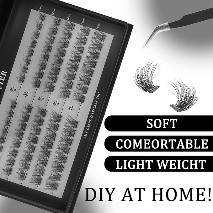 Glue-Free Wispy Lash Clusters Kit, 80 Pcs Individual Eyelash Clusters (10-18mm C Curl)- DIY Lash Extension Kit with Eyelashes Tweezers, Natural Fluffy Fake Lashes for Home Use, Beginners Friendly