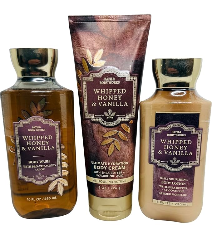 Bath & Body Works Body Whipped Honey & Vanilla Cream, Lotion and Body Gel Wash 3 Piece Set