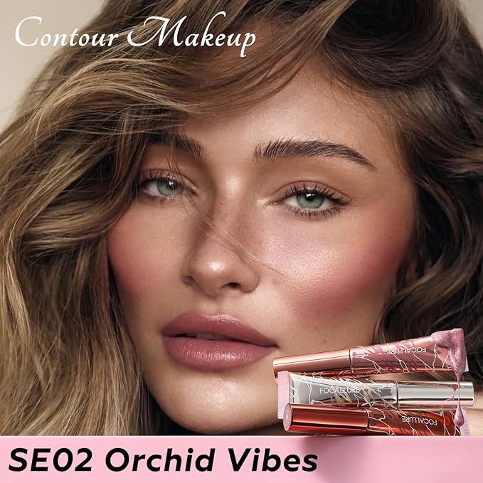 FOCALLURE Liquid Contour Stick 3-Piece Set - Cream Highlighter, Blush & Bronzer with cushion applicator, Moisturizing, Blendable, Long-Lasting for Face Sculpting & Illuminating,SE02 Orchid Vibes