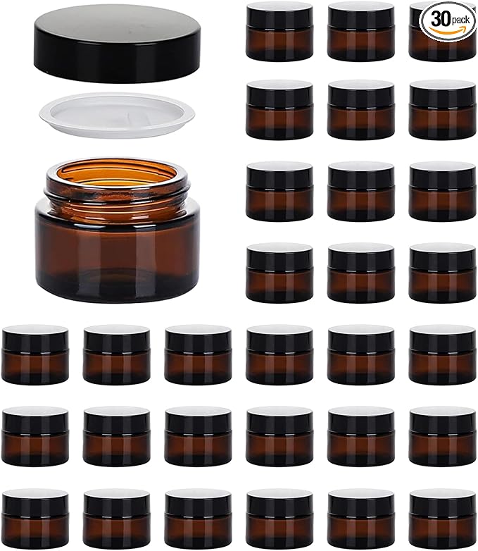 1oz Glass Jar with Lid, Hoa Kinh 30Pack Amber Round Containers Cosmetic Glass Jars with Inner Liners and Black Lids Travel Jars for Storing Lip and Body Scrub, Lotion, Body Butter, Bath Salts, Liquid