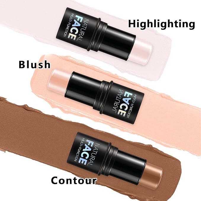 3Pcs Cream Contour Stick Makeup Kit, Shades with Highlighter, Blush and Bronzer Contour Stick for Sculpt the Cheeks, Long Lasting, Waterproof, Matte & Dewy Finish (G)