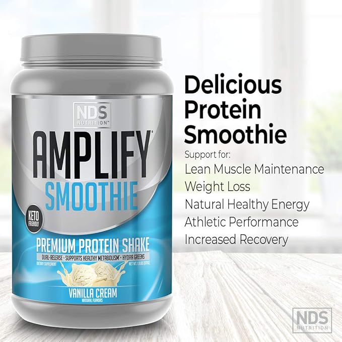AMPLIFY NDS Nutrition Smoothie Premium Whey Protein Powder Shake with Added Greens and Amino Acids - Build Lean Muscle, Gain Strength, Lasting Energy, and Lose Fat - Vanilla (30 Servings)