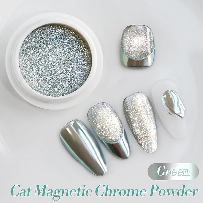 Born Pretty Green Chrome Nail Powder Super Glossy Mirror Effect Metallic Nail Powder Cat Magnetic Eye Nail Powder Nail Glitter Manicure Pigments for Nail Art Design