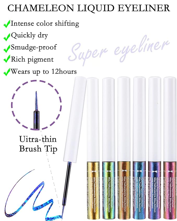 Chameleon Multichrome Glitter Liquid Eyeliner Kit-6Pcs Purple/Blue/Gold/Green Metallic Satin Colored Eye Liner Eye Shadow Stick, Ultra-Fine Tip Eyeliner Pen,Christmas Makeup Gift Set for Women