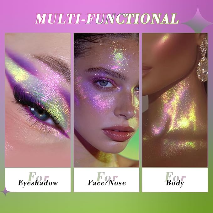 Half Magic Glitter Eyeshadow, Multi Chameleon Glitter Eyeshadow, 3 Color Purple-Gray-Green Iridescent Holographic Cream Eye Shadow, #04