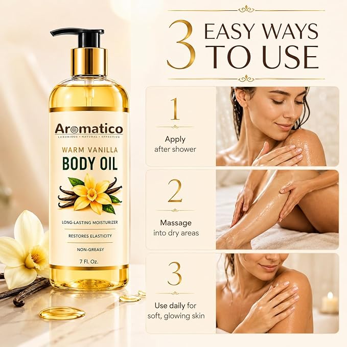 Aromatico Warm Vanilla Body Oil for Women - 7 fl oz | Moisturizing Scented Body Oil for After Shower Daily Use | Cozy, Creamy Vanilla Scent
