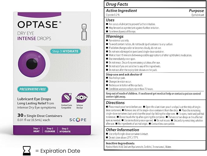 Optase Dry Eye Intense Drops, 30 Single Dose Vials – Preservative Free Eye Drops for Dry Eyes – Moderate to Severe Artificial Tears - Contact Lens Compatible - .01 fl oz per Vial