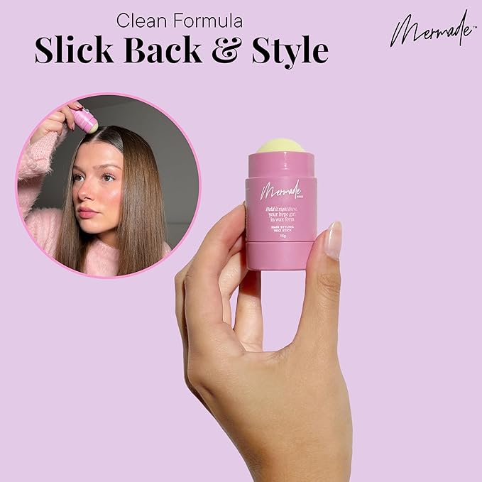 Mermade Mini Hair Styling Wax Stick for Women - Fly Away Control Stick for Sleek Hair, Slick Back Smoothing for Frizz, Edges, & Flyaways, Long Lasting Hold - Pink (Pack of 1)