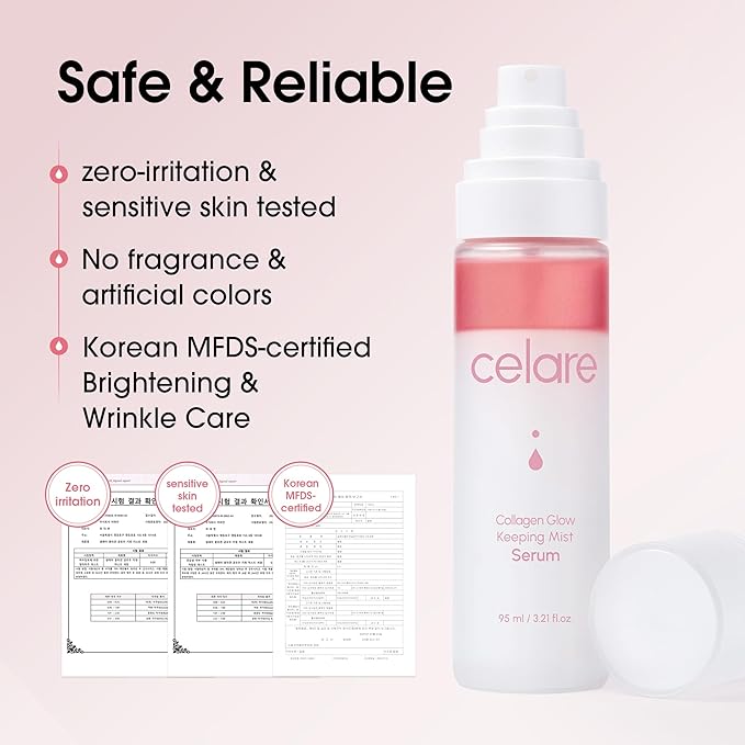 Celare Collagen Glow Mist Serum | 7 Collagens + 7 Peptides & Milk Exosomes | Ultra-Fine Firming Face Mist | Lightweight Hydration & Glow | Fragrance-Free K-Beauty | 3.38 fl. oz.