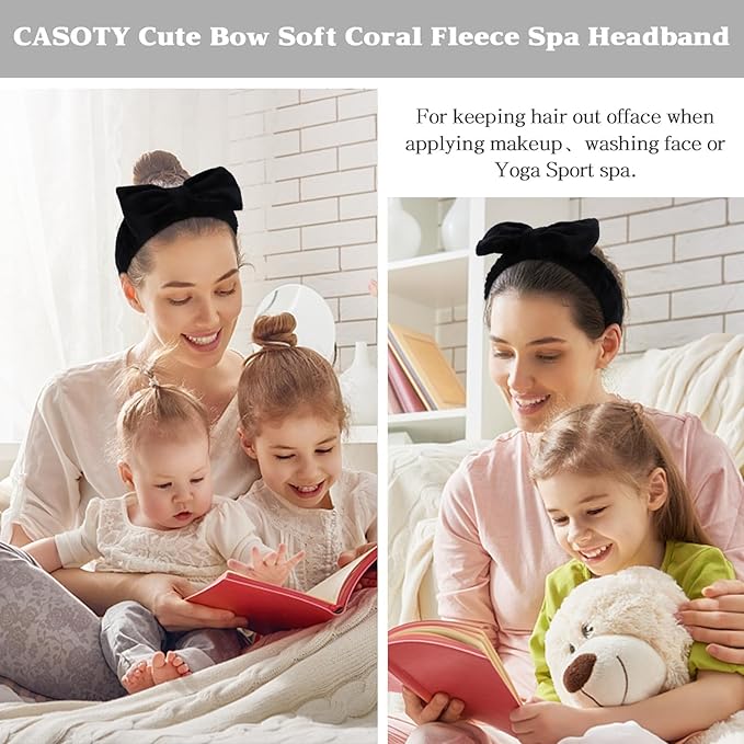 Casoty 10 Pcs Black Face Wash Headbands, Spa Gifts for Women Girls, Soft Coral Fleece Skincare Headband, Bow Hair Bands, Beauty Headbands for Face Washing Shower Skin Care Yoga