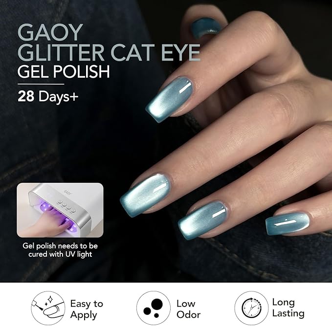GAOY Blue Cat Eye Gel Nail Polish Set with Magnet for Glitter Holographic Cat Eye, Salon UV Gel Manicure and Nail Art DIY at Home, Tropical Sea