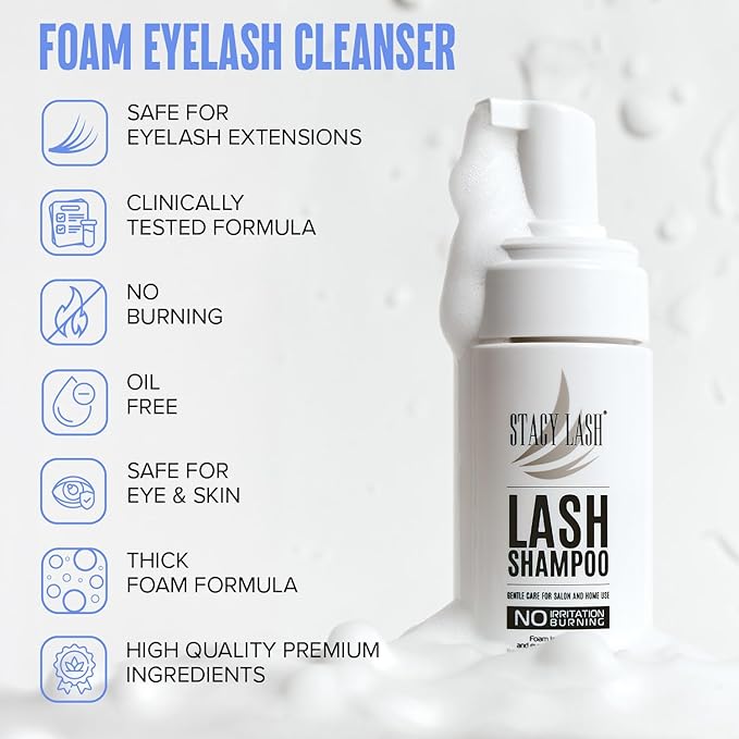 STACY LASH Eyelash Extension Shampoo + Brush / 1.69 fl.oz / 50ml / Eyelid Foaming Cleanser/Wash for Extensions & Natural Lashes/Safe Makeup Remover/Supplies for Professional & Home Use