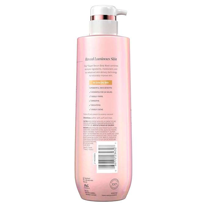Olay Super Serum Body Wash for Extra Dry Skin, 24hr Long Lasting Rich Hydration, 5+ Ingredient Complex for Bright, Even, Firm, & Luminous Skin, with Collagen Peptide, Vitamin C & Shea Butter, 20 fl oz