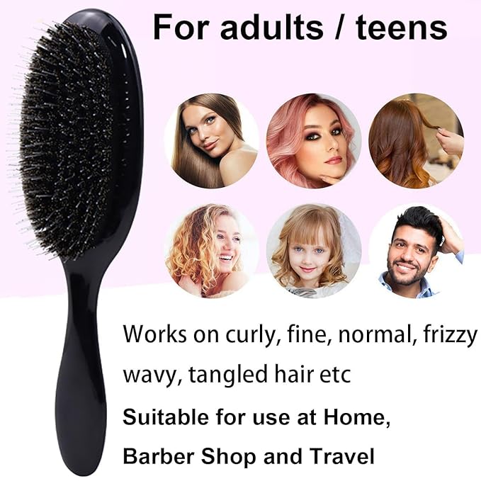 Boar Bristle Detangling Paddle Hair Brush for Curly Fine Wavy Hair, Anti-frizz Painless Detangler Brush Boar Nylon Mixed Bristle Styling Hairbrush for Women Men, Less Pulling and Hair Breakage