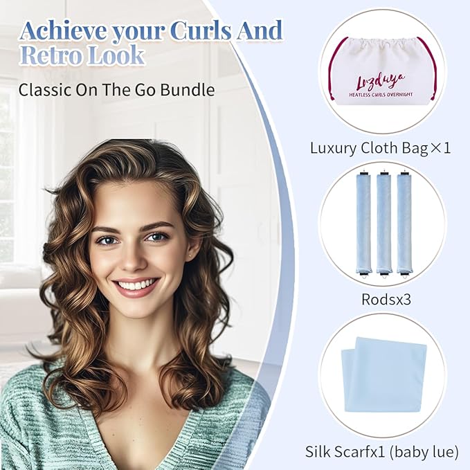 Heatless Curls Overnight Rods Heatless Hair Curler Hair Curlers To Sleep In Heatless Curls Blowout Rods Heatless Curling Rods With Luxury Cloth Bag Scarf For All Hair Types (Sky blue, 3Rods)