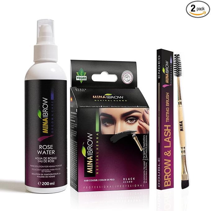 MinaiBrow Black Natural Tinting Powder with Rose Water & Duo Angled Brush | Smudge-Proof Instant Brow Dye for 100% Gray Coverage