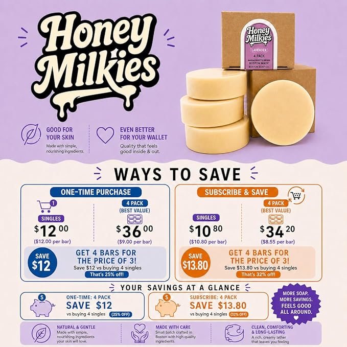 Goat Milk Soap with Tallow – Honey Milkies Lemongrass Bar (3.3oz) – Handmade in Boston – Cold Process Natural Soap with Grass Fed Tallow, Lard, Raw Honey & Goat Milk