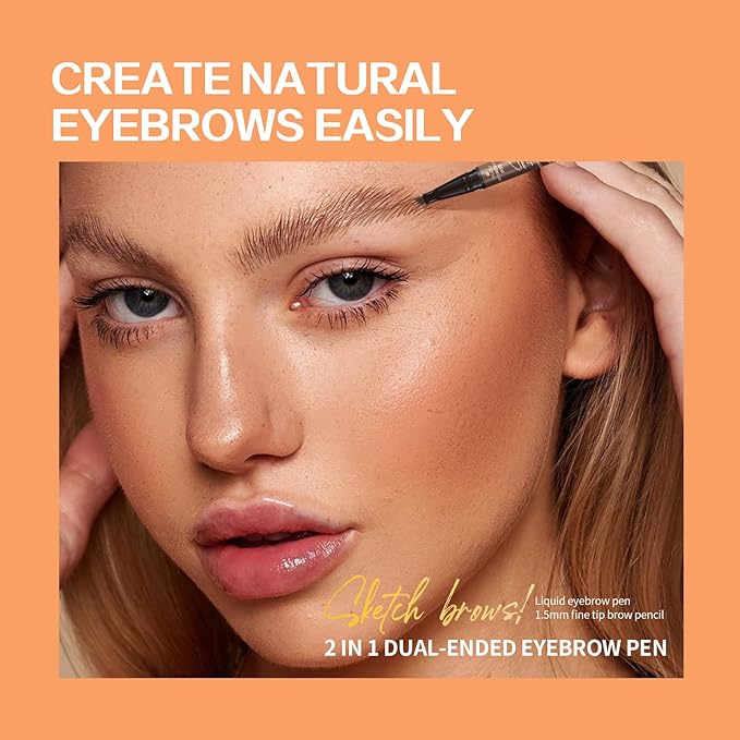 Music Flower Dual-Ended Microfilling Eyebrow Pen, Liquid Eyebrow Pen with 4 Micro Brush-Tip Applicators & Brow Defining Pencil with Precision Tip (Brown)