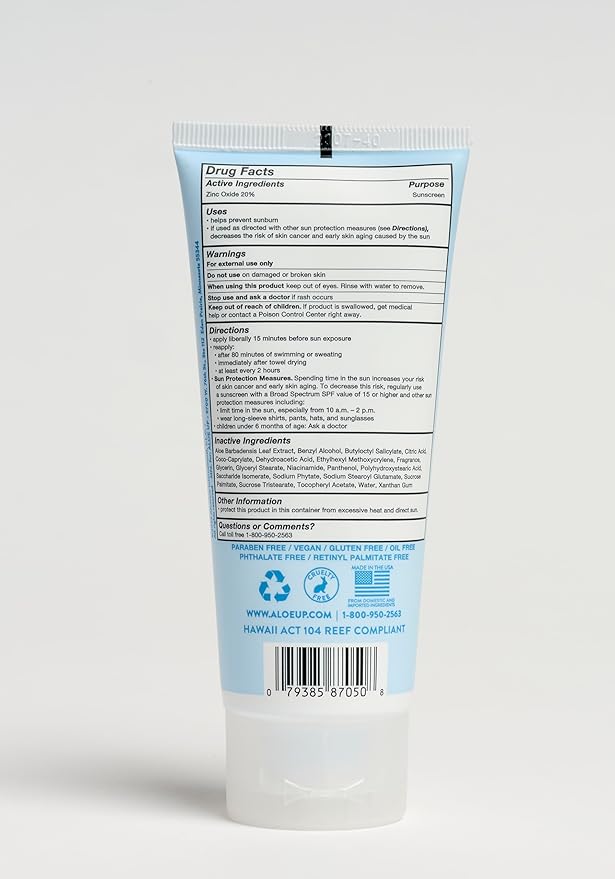 Aloe Up Kids Mineral Sunscreen SPF 50 – Broad Spectrum Protection for Face & Body – Gen2 Zinc Oxide & Aloe Vera Gel – Reef Friendly, Water Resistant 80 Minutes – Fragrance-Free – 3 Oz