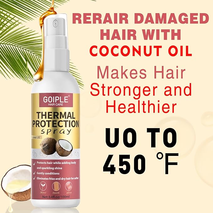 Coconut Heat Protectant Spray - Keratin Protein Hair Serum Anti Frizz Control Repair - Rose Water Moisturize Anti-Frizz Smooth Products (3PCS)