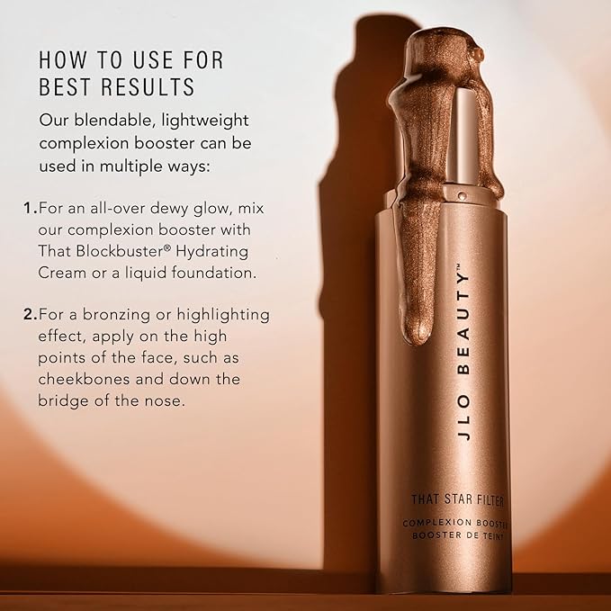JLO BEAUTY Makeup Highlighter & Bronzer for Face & Body, Liquid Complexion Booster, Illuminating Primer Glow Drops with Vitamin E, Sheer Dewy Skin Tint, That Star Filter, Rich Bronze, 1 Fl Oz