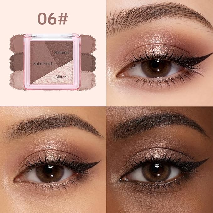 Neutral Brown Nude Shimmer Baked Eyeshadow Palette, 3 Color High Pigment Blendable Eye Shadow Makeup for Older Women,Travel Mini Palette Suitable for All Eye Shapes Vegan Cruelty-Free Smokey Look 06#
