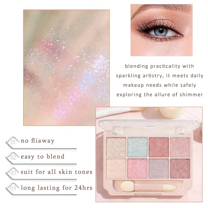 K'APEINE 8 Colors Shimmer Eyeshadow Palette, Glitter Mini Eyeshadow With 1 Dual Brush Sparkling Blendable Makeup Palette Long-Lasting Eye Shades Naturing-Looking,Waterproof Eye Shadow for Women-s01