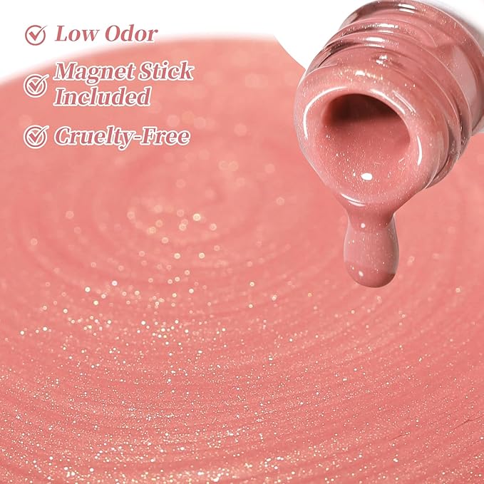 Born Pretty Glass Soft Pink Cat Magnetic Eye Gel Nail Polish, Jelly Nude Pink Gold Glitter Crystal Magnetic Shimmer Nail Polish Salon Gel Manicure and Nail Art DIY at Home 7ML 6PCS