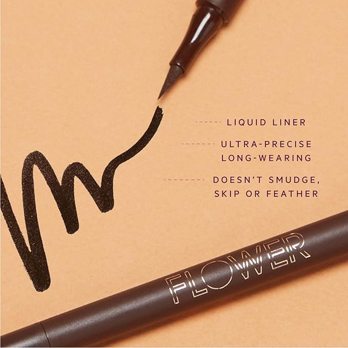 FLOWER BEAUTY By Drew Barrymore Forever Wear Winged Eyeliner - Long-Lasting + Smudge-Proof - Liquid Eyeliner + Winged Applicator (Dark + Stormy)