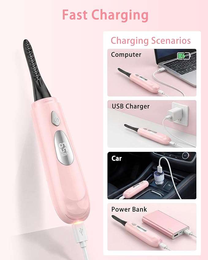 Heated Eyelash Curler for Women - 10s Fast Heating, 4 Adjustable Temp (131℉ - 185℉), LED Display, 24H Long-Lasting Curling Eye Lash Curler, Ergonomic Design, Travel-Friendly Makeup Tool Gift, Pink