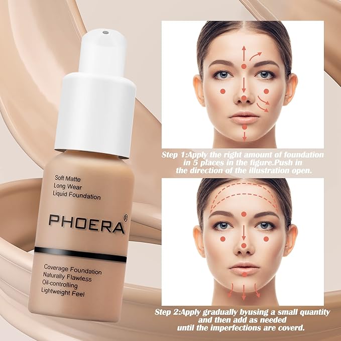 PHOERA Foundation Makeup, Flawless Soft Matte Oil Control Liquid Foundation, Full Coverage Mattle Oil-Control Concealer for Older Women, Great Choice For Gift (#101 Porcelain)