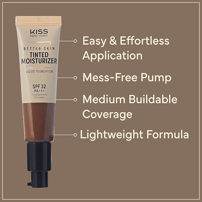 Kiss New York Tinted Moisturizer with SPF 32 PA+++ (Chestnut) 12 Hour Hydrating Sunscreen for Face, No White Cast for Dark Skin Tone, Natural Finish, Medium Coverage With Hyaluronic Acid, Vitamin E