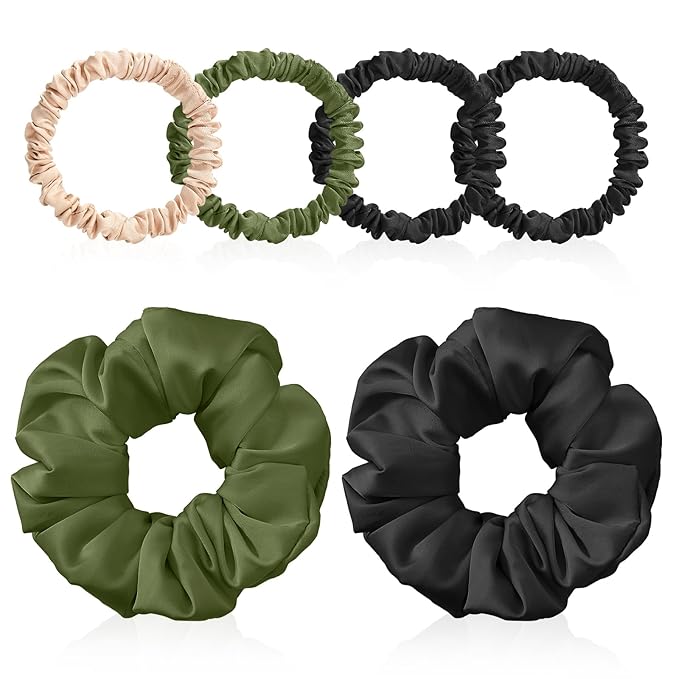 6PCS 100% Mulberry Silk Scrunchies Set, 2 Large and 4 Thin Silk Hair Ties for Women, No Damage Hair Accessories (Black, Olive Green, L)