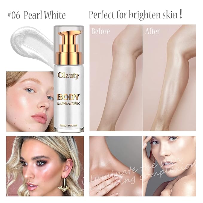 Firstfly Liquid Luminizer, Waterproof Moisturizing Light Shimmer Glow Illuminator for Face & Body, All In One Makeup Liquid Illuminator, Summer Body Luminizer, Face Body Highlighter（#06 Moonlight White）