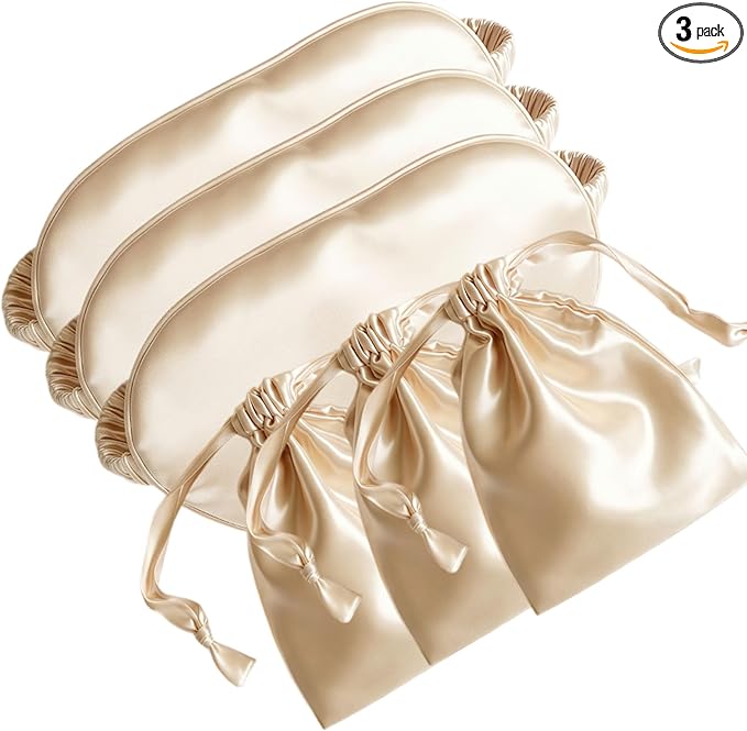 [3 Pack] QSYW Sleep Masks, Satin Eye Mask for Sleeping - Silky Eye Masks Bulk with Storage Bag & Elastic Strap,Beige
