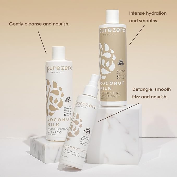 Purezero Coconut Milk BUNDLE [12oz Shampoo + Conditioner + 6 oz 9-in-1 Leave-in Conditioner] - Intense Hydration & Increased Shine