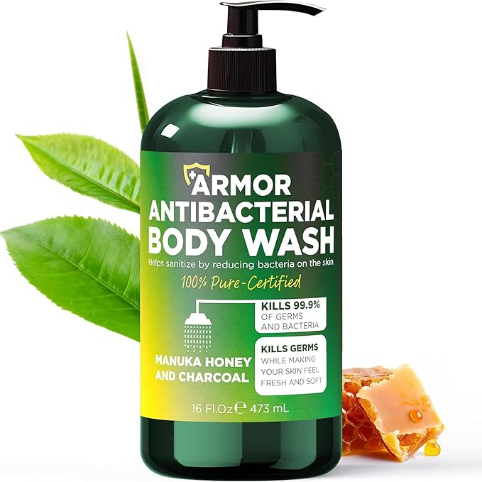 Antibacterial Body Wash | Antibacterial Soap for Men & Women | Kills 99.9% of Germs & Bacteria | Helps with Back Acne, Body Odor & Skin Irritation | Manuka Honey & Charcoal, 16 fl oz