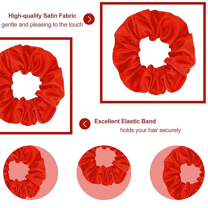 Silk Satin Scrunchies for Women Girls 12 PCS Red Hair Scrunchies Silk Satin Hair Ties for Thick Hair Bulk Hair Ties Hair Accessories