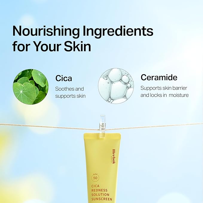 Meebak Cica Redness Solution Sunscreen - Color Corrector SPF 50, Green to Beige CC Cream with Centella and Ceramide - Redness Reducing Skincare for Fair-to-Medium Skin Tones - Korean Sunscreen