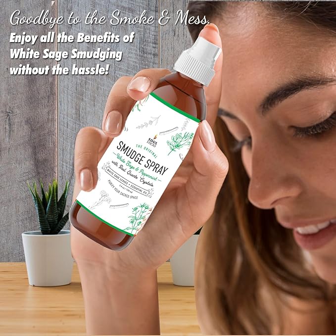 Soul Sticks Smudge Spray for Cleansing Negative Energy and Purifying Home | Made with White Sage and Quartz Crystals | 3.5 oz. Bottle (White Sage & Peppermint)