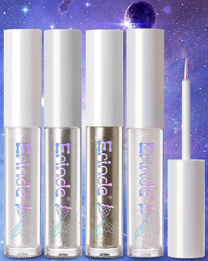 Erinde Liquid Glitter Eyeshadow Eyeliner, Metallic Shimmer Glitter Eyeshadow Liner, High Pigment Colored Eyeliner, Waterproof Long Lasting Sparkle Eye Makeup for Women, Star Silver