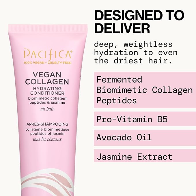 Pacifica Hair Conditioner - Vegan Collagen Hydrating, Haircare, Avocado Oil, Vitamin B5, Add and Restore Shine, For Dry and Damaged Hair, Sulfate and Silicone Free, Hair Care, 8 fl oz (1 Count)