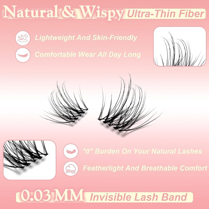 Lashes Aura Kit Wispy Lash Clusters Kit Natural Eyelash Clusters 8-16mm DIY Lash Spikes Manga Extension 0.3mm Ultra-Thin Invisible Band Individual Cluster Eyelash Extensions Kit